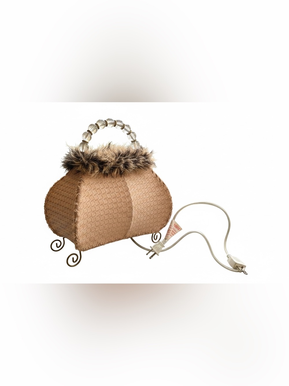 Vintage Purse Handbag/Accent Lamp - Beaded Handle - Faux Fur Shabby Chic Novelty
